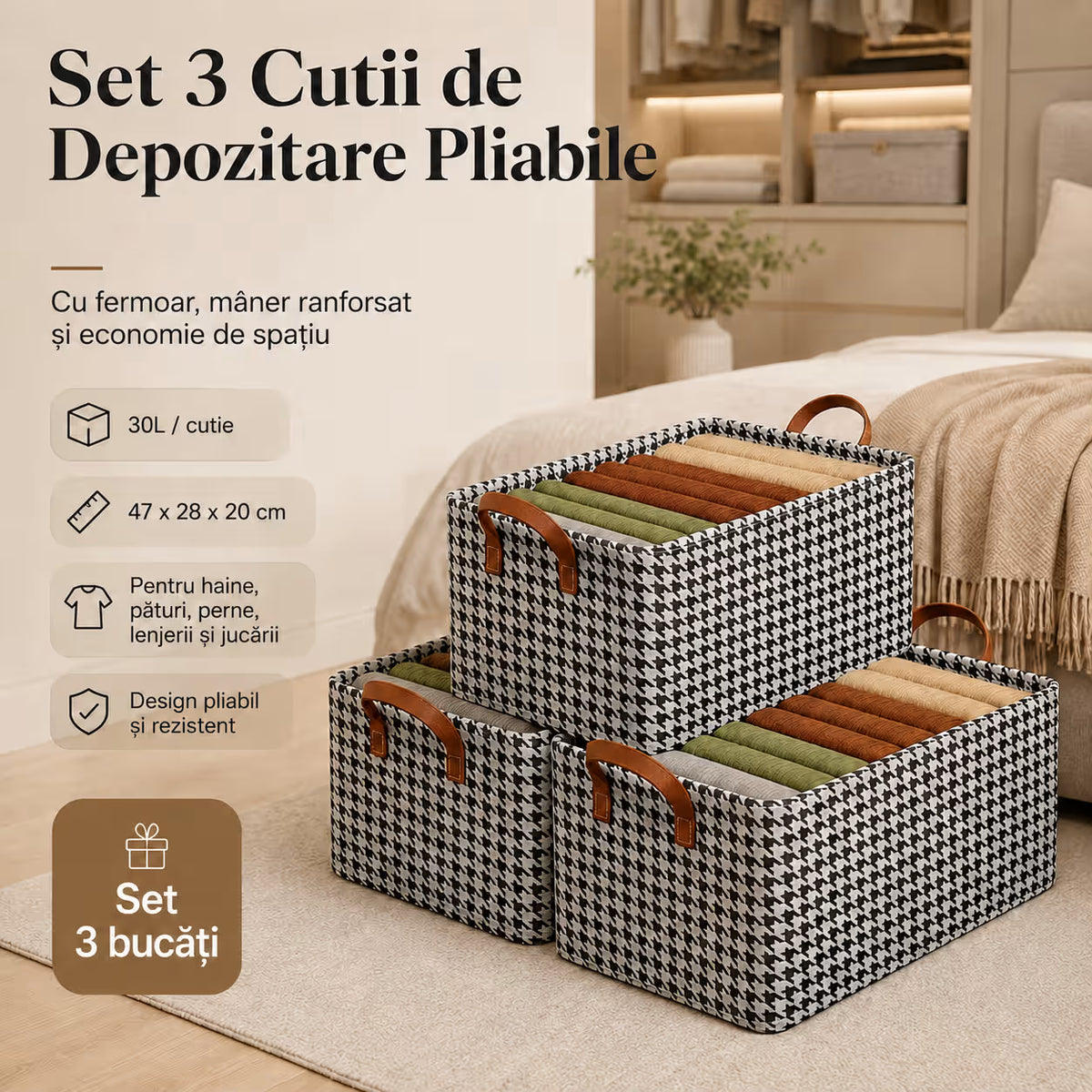 Set 3 Cutii de Depozitare Pliabile