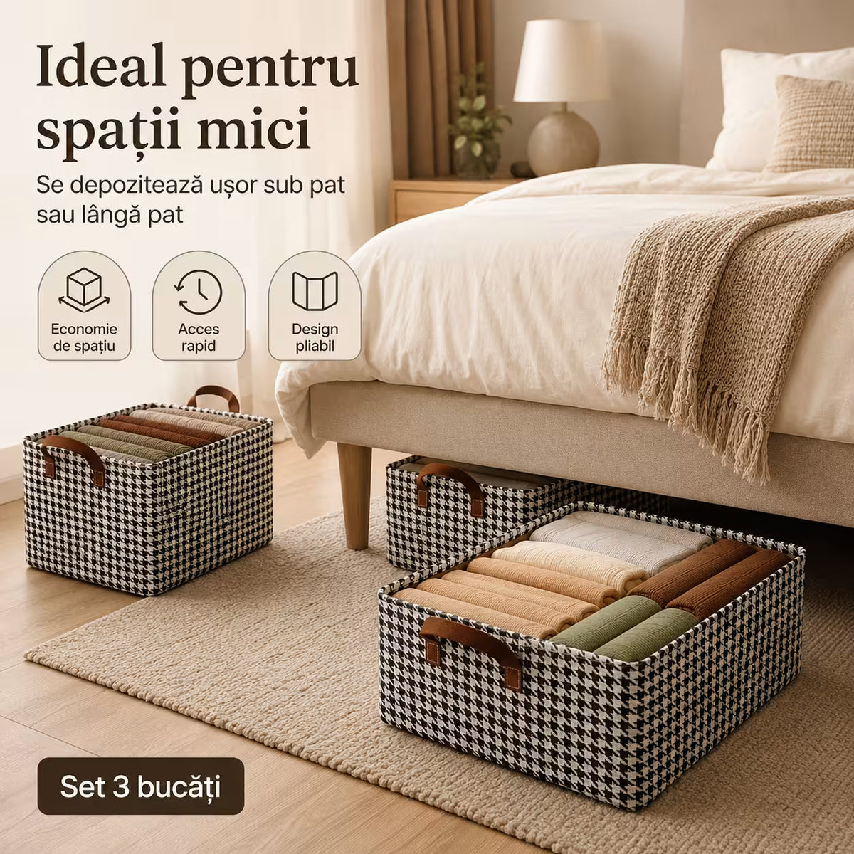 Set 3 Cutii de Depozitare Pliabile